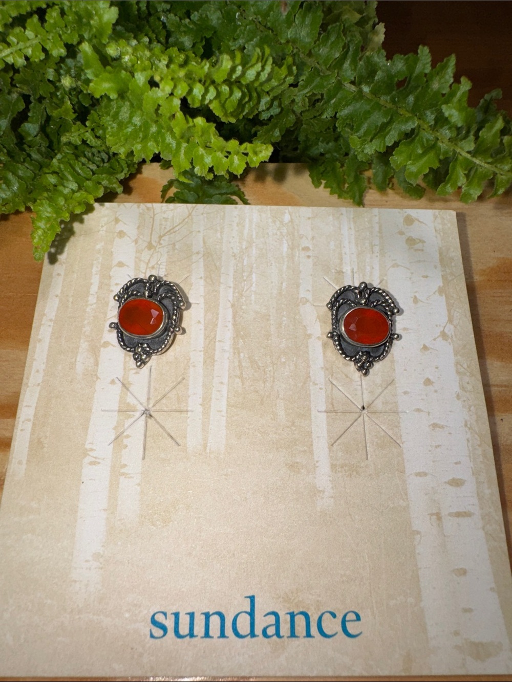 Sundance Orange-Red Stone Ornate Silver-Tone Stud Earrings